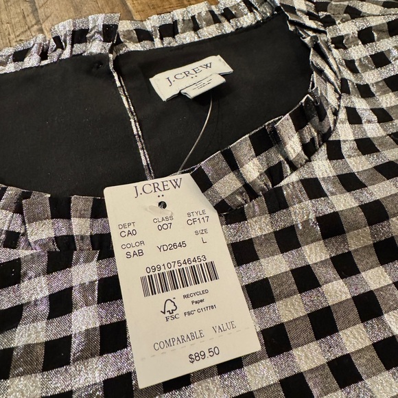 J. Crew Black Silver Gingham Check Metallic Puffy Sleeves Blouse Top Size L - Picture 4 of 5